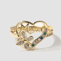 Fashion Mama Letter Heart Shape Butterfly Copper Inlaid Gold Artificial Gemstones Open Ring main image 3