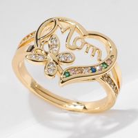 Fashion Mama Letter Heart Shape Butterfly Copper Inlaid Gold Artificial Gemstones Open Ring main image 5