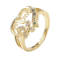 Fashion Mama Letter Heart Shape Butterfly Copper Inlaid Gold Artificial Gemstones Open Ring main image 6