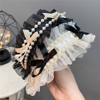 Fashion Lace Bow Headband Sweet Double Row Pearl Wide-brimmed Hair Accessories main image 1