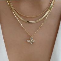 Fashion Retro Full Diamond Butterfly Pendant Alloy Three-layer Necklace sku image 3