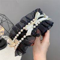 Fashion Lace Bow Headband Sweet Double Row Pearl Wide-brimmed Hair Accessories sku image 2