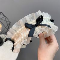 Fashion Lace Bow Headband Sweet Double Row Pearl Wide-brimmed Hair Accessories sku image 1