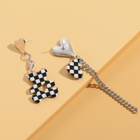 2022 New Fashion Asymmetric Checkerboard Bear Heart Earrings Female main image 5