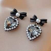 Retro Pearl Rhinestone Heart Bow Pendant Earrings main image 1