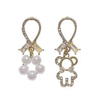 Cute Hollow Bear Asymmetrical Diamond Pearl Earrings main image 3