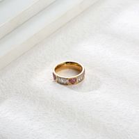 Titanium Steel Fashion Gold Simple Heart Pink Rhinestone Ring main image 3