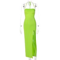Halter Neck Slim Slit Long Backless Lace-up Solid Color Dress sku image 4