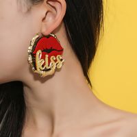 Fashion Red Lip Letter Large Round Bamboo Earrings main image 3