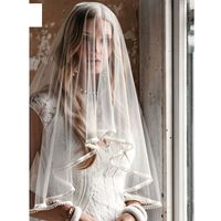 Mode Braut Perlenschleier Doppelschicht Brautschleier Mit Langem Schwanz main image 3