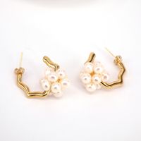 Retro Natural Freshwater Pearl Copper Gold Plated C-shaped Earrings main image 2