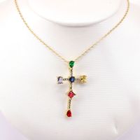 Fashion Cross Pendant Copper Inlaid Color Zircon Necklace main image 4