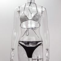 Sexy Low Waist Split Rhinestone Hanging Neck Wrap Chest Bikini Two-piece Set sku image 7