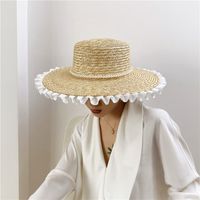 Fashion Elegant Pearl Decorated Pleated Lace Big Brim Straw Beach Hat sku image 1