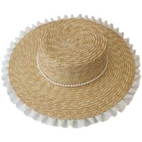 Fashion Elegant Pearl Decorated Pleated Lace Big Brim Straw Beach Hat main image 3
