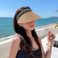 Fashion Women's Summer Chessboard Plaid Leopard Print Outing Straw Sun Hat main image 4