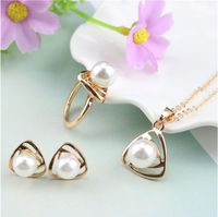 Fashion Hollow-out Triangle Pearl Alloy Ear Stud Necklace Ring Set main image 1