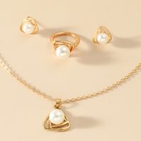 Fashion Hollow-out Triangle Pearl Alloy Ear Stud Necklace Ring Set main image 3
