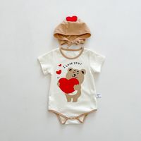 Cute Heart Bear Printed Short Sleeves Romper & Hat Two Piece Sets main image 1