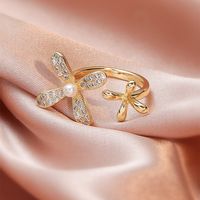 Fashion Copper Petals Rings Daily Shopping Artificial Pearl Rhinestone Copper Rings main image 1