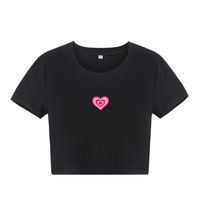 Heart Printing Round Neck Midriff-baring Slim-fit Short-sleeved T-shirt Women's Clothing sku image 3