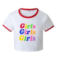 New Fashion Girls Letter Print Contrast Color Short Slim-fit Short-sleeved T-shirt sku image 8