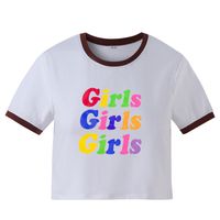 New Fashion Girls Letter Print Contrast Color Short Slim-fit Short-sleeved T-shirt sku image 11