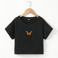 New Fashion Simple T-shirt Butterfly Embroidered Navel Slim Short-sleeved Tops sku image 2