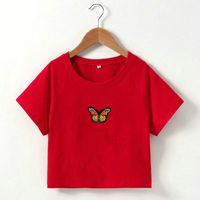 New Fashion Simple T-shirt Butterfly Embroidered Navel Slim Short-sleeved Tops sku image 8