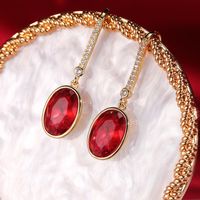 Simple Oval Jacinth Faux Red Barklyite Zircon Earrings main image 3