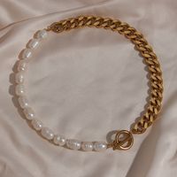 Fashion Pearl Chain Stitching Thick Choker Stainless Steel Necklace main image 1