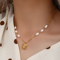 Fashion Women's Stainless Steel Vintage Freshwater Pearl Square Star Pendant Necklace main image 2