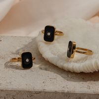 Fashion Stainless Steel Plated 18k Gold Drop Oil Black Square Ring main image 5