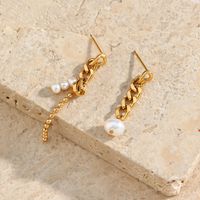 Fashion Stainless Steel Asymmetric Chain Pearl Earrings main image 2