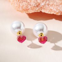 Fashion Ornament Heart-shaped Zircon Pearl Ear Metal Studs Earrings sku image 1