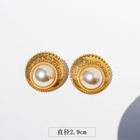 French Vintage Style Round Stud Big Pearl Silver Needle Earrings sku image 10