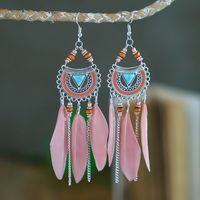 Fashion Fan-shaped Imitation Turquoise Tassel Long Rice Bead Feather Earrings Wholesale sku image 7