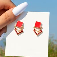 New Style Multi-layer Red Square Inlaid Diamond Dripping Oil Stud Earrings main image 1