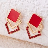 New Style Multi-layer Red Square Inlaid Diamond Dripping Oil Stud Earrings main image 2