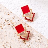 New Style Multi-layer Red Square Inlaid Diamond Dripping Oil Stud Earrings main image 6
