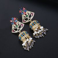 Stud Earrings Retro Palace Color Tassel Wind Chimes Women's Copper Inlaid Zirconium National Wind Earrings sku image 4