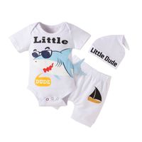 Fashion Baby Short Sleeve Letter Shark Print Romper Boys' Three-piece Suit sku image 1