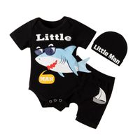 Fashion Baby Short Sleeve Letter Shark Print Romper Boys' Three-piece Suit sku image 5