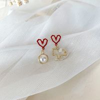 S925 Silver New Korean Geometric Love Pearl Trojan Earrings Cute Girl Sweet Earrings sku image 1