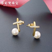 S925 Silver Diamond Cross Gold Color Pearls Earrings Jewelry sku image 1
