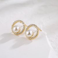 Fashion Simple Copper Plated Real Gold Micro Inlaid Zircon Pearl Geometric Ear Studs main image 2