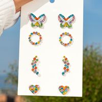 Simple Irregular Color Diamond Butterfly Heart Stud Earrings Four-piece Set main image 1