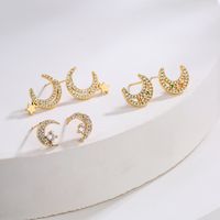 Fashion Plated 18k Gold Micro Inlaid Zircon Moon-shaped Copper Ear Stud Earrings main image 1