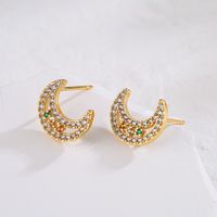 Fashion Plated 18k Gold Micro Inlaid Zircon Moon-shaped Copper Ear Stud Earrings main image 2