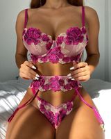 New Sexy Lingerie Women's Three-point Flower Mesh See-through Three-piece Suit sku image 1